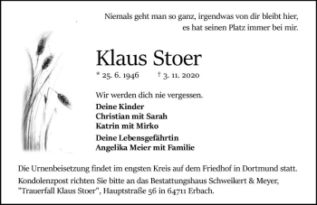 Traueranzeige von Klaus Stoer von vrm-trauer