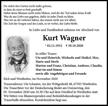 Traueranzeige von Kurt Wagner von vrm-trauer