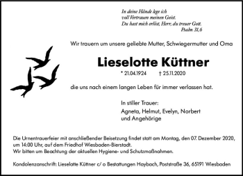 Traueranzeige von Lieselotte Küttner von vrm-trauer