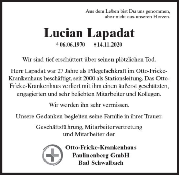 Traueranzeige von Lucian Lapadat von vrm-trauer