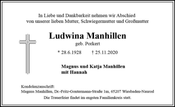 Traueranzeige von Ludwina Manhillen von vrm-trauer