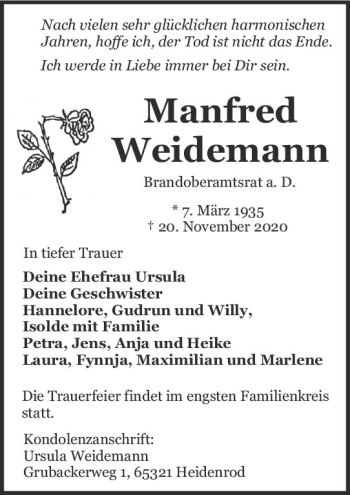 Traueranzeige von Manfred Weidemann von vrm-trauer