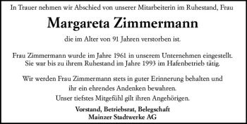 Traueranzeige von Margareta Zimmermann von vrm-trauer