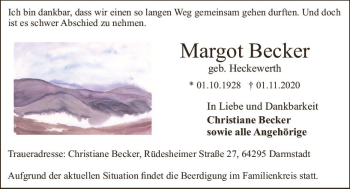 Traueranzeige von Margot Becker von vrm-trauer