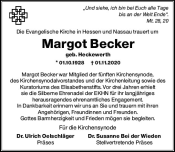 Traueranzeige von Margot Becker von vrm-trauer