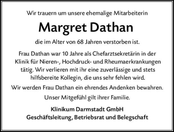 Traueranzeige von Margret Dathan von vrm-trauer