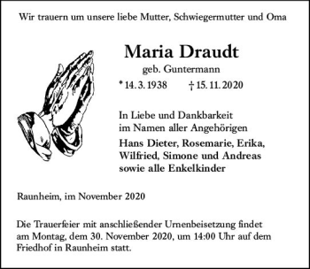 Traueranzeige von Maria Draudt von vrm-trauer
