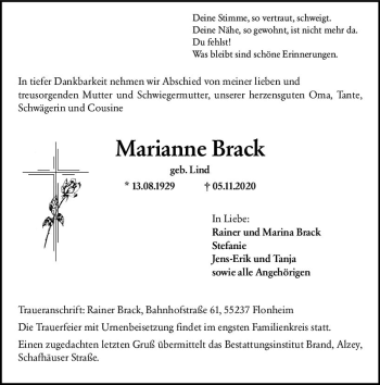 Traueranzeige von Marianne Brack von vrm-trauer