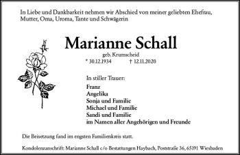 Traueranzeige von Marianne Schall von vrm-trauer