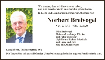Traueranzeige von Norbert Breivogel von vrm-trauer
