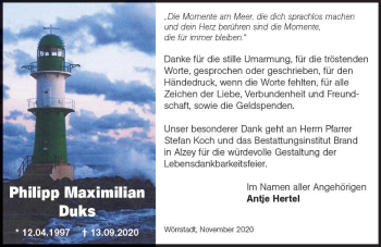 Traueranzeige von Philipp Duks von vrm-trauer