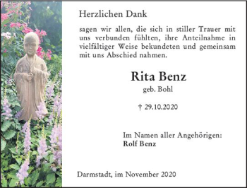 Traueranzeige von Rita Benz von vrm-trauer