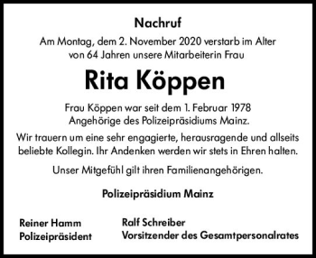 Traueranzeige von Rita Köppen von vrm-trauer