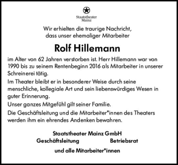 Traueranzeige von Rolf Hillemann von vrm-trauer