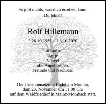 Traueranzeige von Rolf Hillemann von vrm-trauer