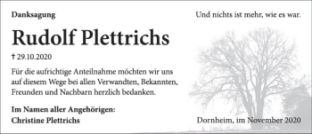 Traueranzeige von Rudolf Plettrichs von vrm-trauer