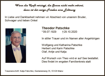 Traueranzeige von Theodor Patschke von vrm-trauer