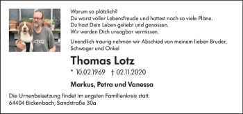 Traueranzeige von Thomas Lotz von vrm-trauer
