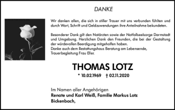 Traueranzeige von Thomas Lotz von vrm-trauer