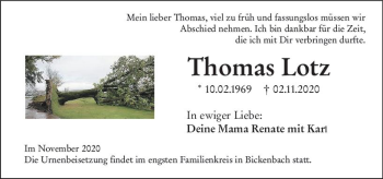 Traueranzeige von Thomas Lotz von vrm-trauer