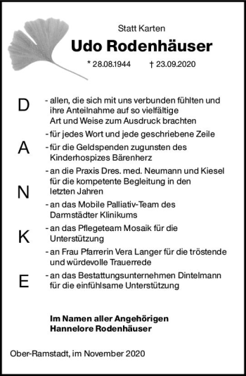 Traueranzeige von Udo Rodenhäuser von vrm-trauer