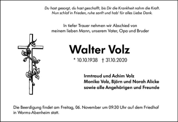 Traueranzeige von Walter Volz von vrm-trauer