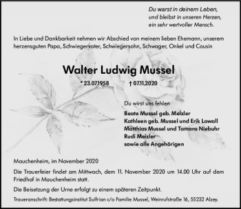 Traueranzeige von Walter Ludwig Mussel von vrm-trauer