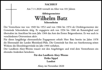 Traueranzeige von Wilhelm Batz von vrm-trauer