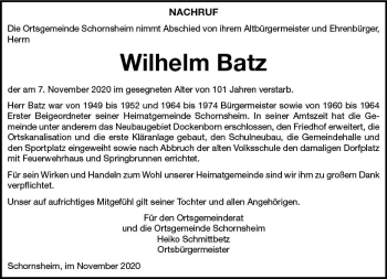 Traueranzeige von Wilhelm Batz von vrm-trauer