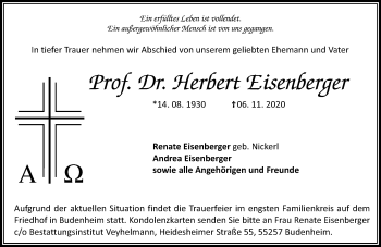 Traueranzeige von Prof. Dr. Herbert Eisenberger von VRM Tageszeitungen
