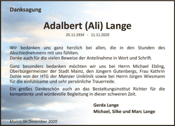 Traueranzeige von Adalbert Lange von vrm-trauer