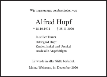 Traueranzeige von Alfred Hupf von vrm-trauer