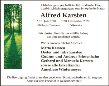 Traueranzeige von Alfred Karsten von vrm-trauer