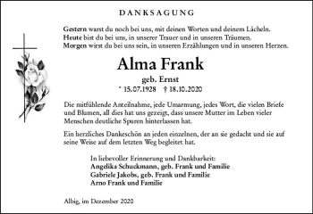 Traueranzeige von Alma Frank von vrm-trauer