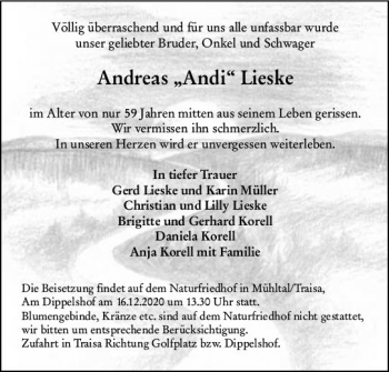Traueranzeige von Andreas Lieske von vrm-trauer