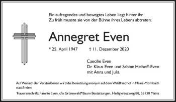 Traueranzeige von Annegret Even von vrm-trauer