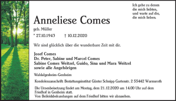 Traueranzeige von Anneliese Comes von vrm-trauer