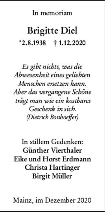 Traueranzeige von Brigitte Diel von vrm-trauer