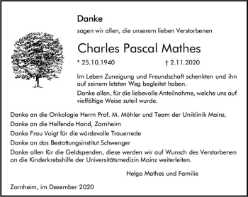 Traueranzeige von Charles Pascal Mathes von vrm-trauer