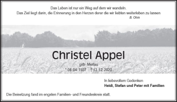 Traueranzeige von Christel Appel von vrm-trauer