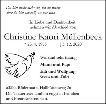 Traueranzeige von Christine Kaori Müllenbeck von vrm-trauer