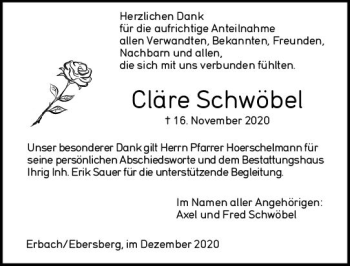 Traueranzeige von Cläre Schwöbel von vrm-trauer