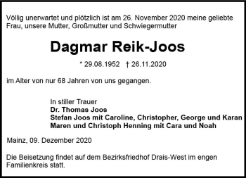 Traueranzeige von Dagmar Reik-Joos von vrm-trauer