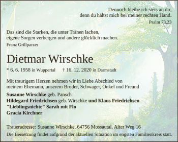 Traueranzeige von Dietmar Wirschke von vrm-trauer