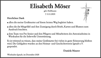 Traueranzeige von Elisabeth Möser von vrm-trauer