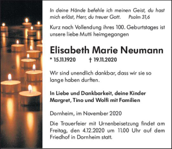 Traueranzeige von Elisabeth Marie Neumann von vrm-trauer