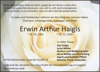 Traueranzeige von Erwin Arthur Haigis von vrm-trauer