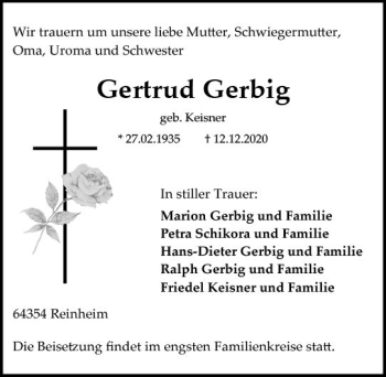 Traueranzeige von Gertrud Gerbig von vrm-trauer