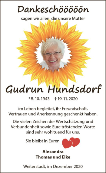 Traueranzeige von Gudrun Hundsdorf von vrm-trauer