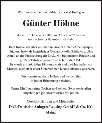 Traueranzeige von Günter Höhne von vrm-trauer